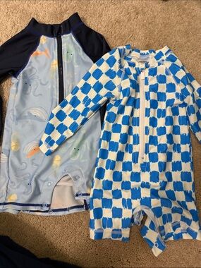 Blue Pattern & Sea Creature Kids Rashguard Swim Rompers - Set of 2